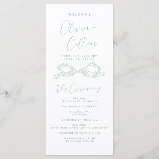 Elegant Light Green Hand Drawn Bow Wedding Program メニュー (正面)