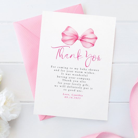 Elegant Light Pink Bow Baby Shower Thank You サンキューカード