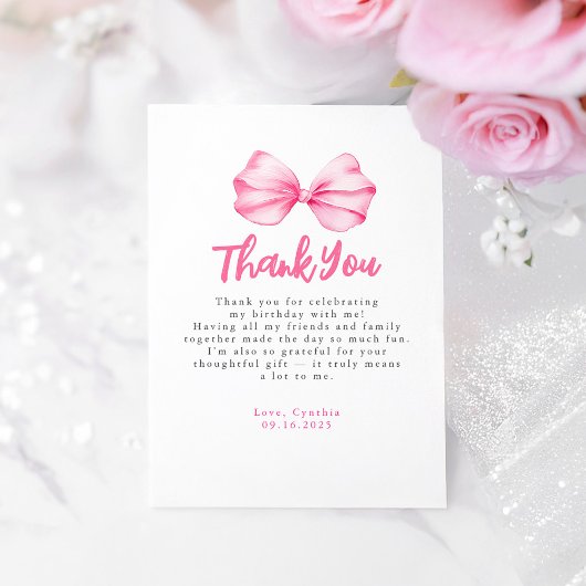 Elegant Light Pink Bow Birthday Thank You サンキューカード