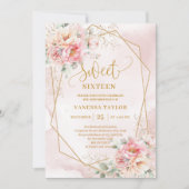 Elegant Light Pink Sage Gold Floral Sweet Sixteen 招待状 (正面)