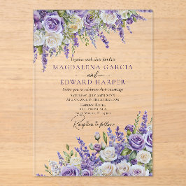 Elegant Light Purple Lavender Roses Floral Wedding アクリル招待状