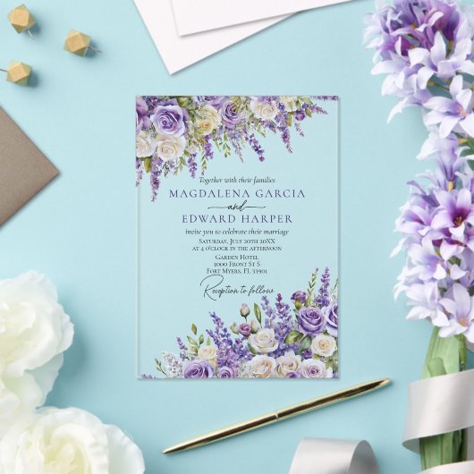 Elegant Light Purple Lavender Roses Floral Wedding アクリル招待状 (インサイチュ (ウェディング))