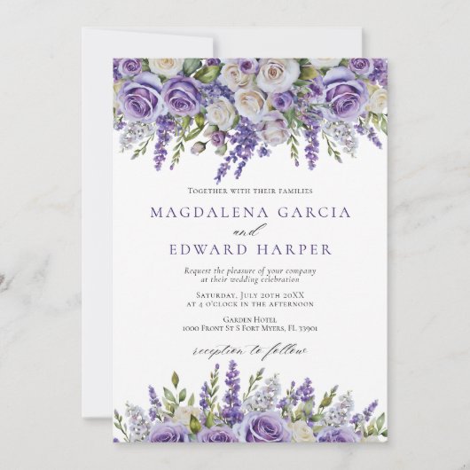 Elegant Light Purple Lavender Roses Floral Wedding 招待状 (正面)