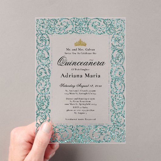 Elegant Light Teal 15th Birthday Quinceanera アクリル招待状 (インサイチュ (ポータブル))