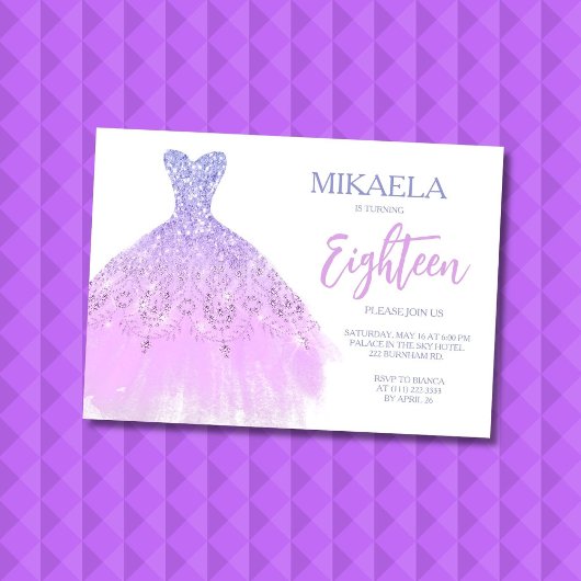 Elegant Lila Gown Glitter 18th Birthday Invitation 招待状