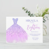 Elegant Lila Gown Glitter 18th Birthday Invitation 招待状 (スタンド正面)