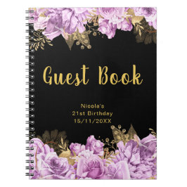 Elegant Lilac and Gold Flowers Birthday Guest Book ノートブック
