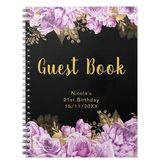Elegant Lilac and Gold Flowers Birthday Guest Book ノートブック (正面)