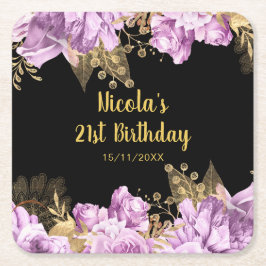 Elegant Lilac and Gold Flowers Birthday Party スクエアペーパーコースター