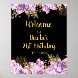 Elegant Lilac and Gold Flowers Birthday Party ポスター
