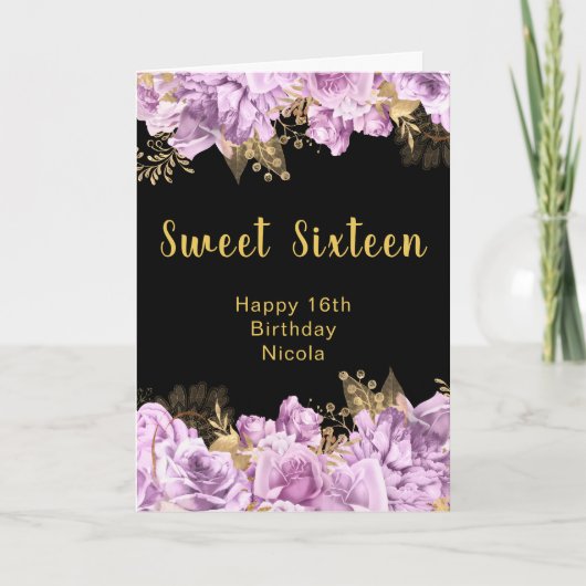 Elegant Lilac and Gold Flowers Sweet Sixteen カード (正面)