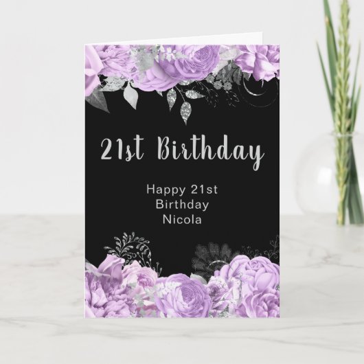 Elegant Lilac and Silver Flowers Birthday Party  カード (正面)