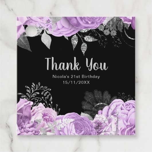 Elegant Lilac and Silver Flowers Birthday Party フェイバータグ (正面)