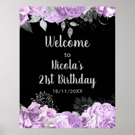 Elegant Lilac and Silver Flowers Birthday Party ポスター