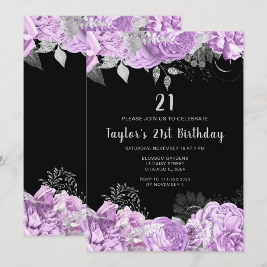 Elegant Lilac and Silver Flowers Birthday Party 招待状 (正面/裏面)