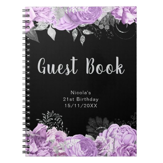 Elegant Lilac and Silver Flowers Guest Book ノートブック (正面)