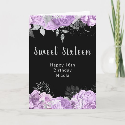 Elegant Lilac and Silver Flowers Sweet Sixteen カード (正面)