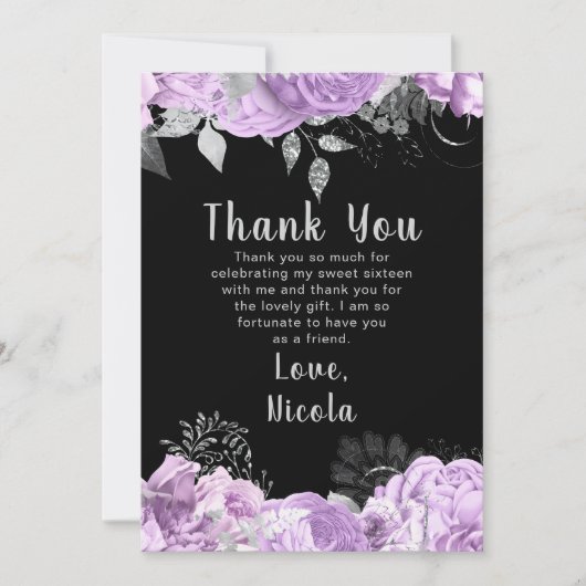 Elegant Lilac and Silver Flowers Sweet Sixteen サンキューカード (正面)