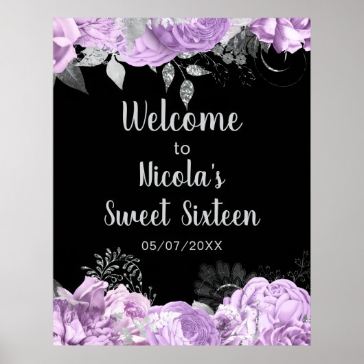 Elegant Lilac and Silver Flowers Sweet Sixteen ポスター (正面)