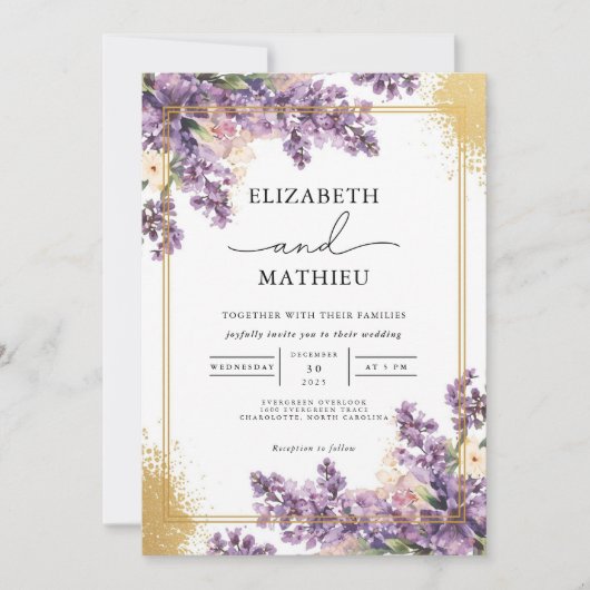 Elegant Lilac Botanical Gold Wedding 招待状 (正面)