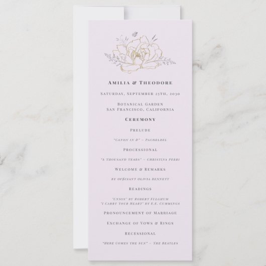Elegant Lilac Gold Floral Wedding Program (正面)