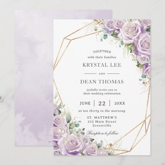 Elegant Lilac Purple Floral Gold Geometric Wedding 招待状 (正面/裏面)
