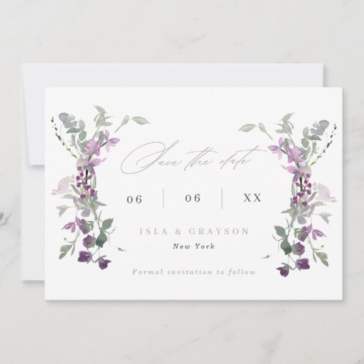 Elegant Lilac Wildflowers Wedding セーブザデート (正面)