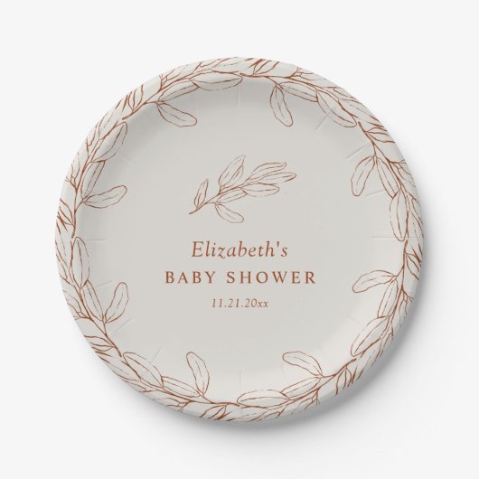 Elegant Line Art Botanical Baby Shower ペーパープレート (正面)