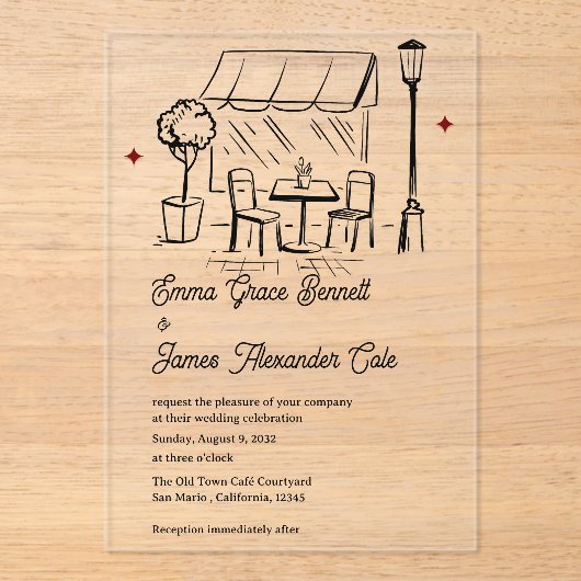 Elegant Line Art Café Minimalist Modern Wedding アクリル招待状 (正面)