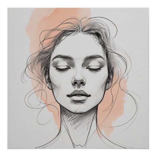 Elegant Line Art Female Portrait Poster – Soft Pea ポスター (正面)