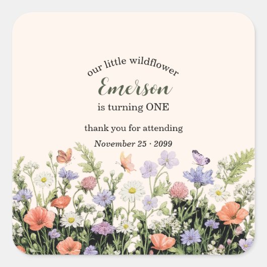 Elegant Little Wildflower 1st Birthday Party スクエアシール (正面)