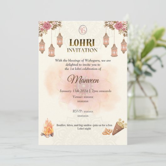 Elegant Lohri Invitation- Pastel, Minimalistic 招待状 (スタンド正面)