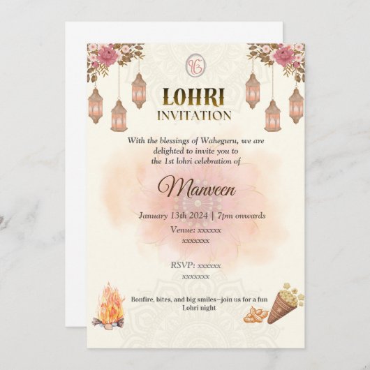 Elegant Lohri Invitation- Pastel, Minimalistic 招待状 (正面/裏面)