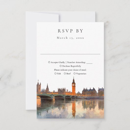 Elegant London Skyline Watercolor Wedding 出欠カード (正面)