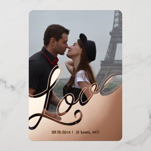 Elegant Love Script Overlay Save the Date 2 Photo 箔招待状 (正面)
