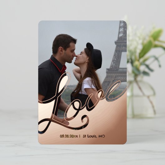 Elegant Love Script Overlay Save the Date 2 Photo 箔招待状 (立ち正面)