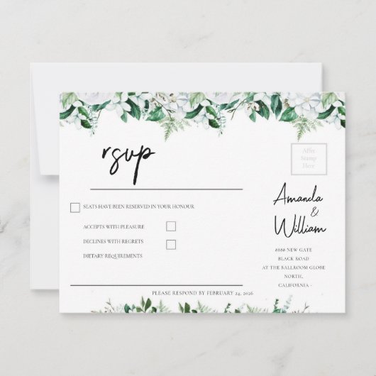 Elegant Lush White Floral and Greenery  出欠カード (正面)