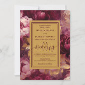 Elegant Lux Burgundy Gold Roses Wedding Invitation 招待状 (正面)