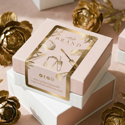 Elegant Luxe Pink Gold Floral Beauty Business Box ラベル