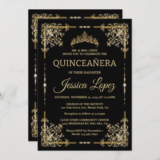 Elegant Luxurious Gold and Black Quinceanera 招待状 (正面/裏面)