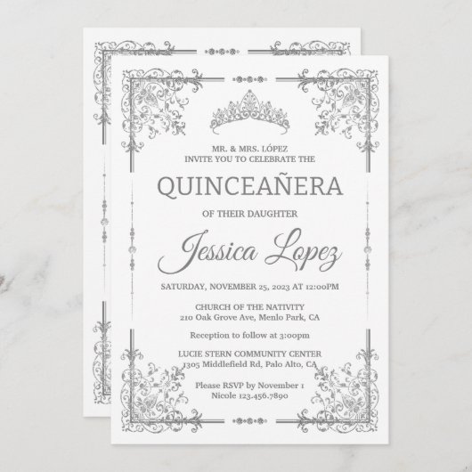 Elegant Luxurious White and Grey Quinceanera 招待状 (正面/裏面)