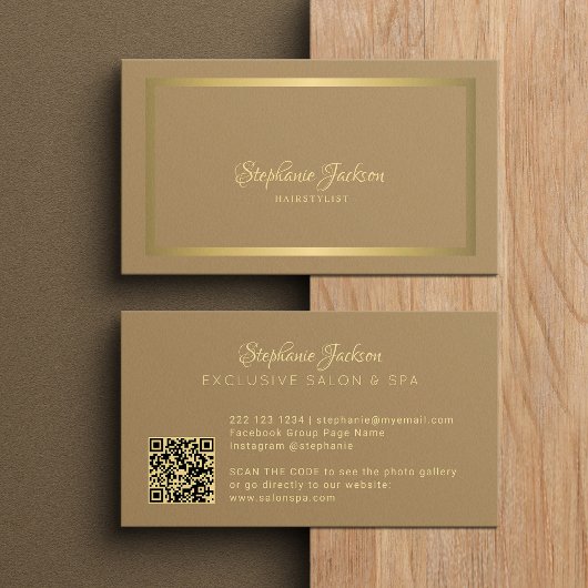 Elegant luxury beige and gold QR code hairstylist 名刺