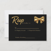 Elegant Luxury Black and Golden Bow Wedding  出欠カード (正面)