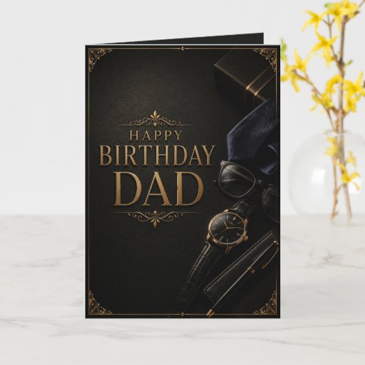 Elegant Luxury Black & Gold Birthday Card for Dad カード (黄色い花)