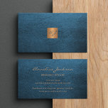 Elegant luxury blue leather copper gold monogram 名刺<br><div class="desc">Classy upscale monogrammed business card in faux classic blue leather (PRINTED, there is NO REAL LEATHER) with a faux gold copper metallic shiny square (also PRINTED). Easy to personalize on both sides! Suitable for consultants, personal stylists, makeup artist, hairstylist, salon manager, home interior designers or architects, boutique owners, lifestyle bloggers,...</div>