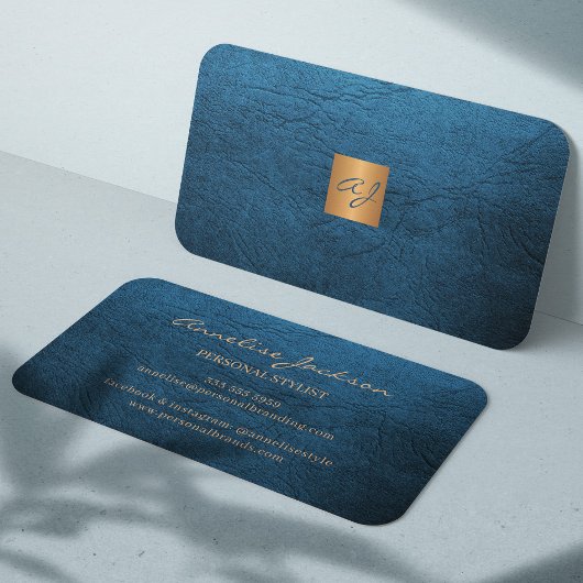 Elegant luxury blue leather copper gold monogram 名刺