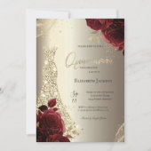 Elegant Luxury Dress Red Roses Gold Quinceañera 招待状 (正面)