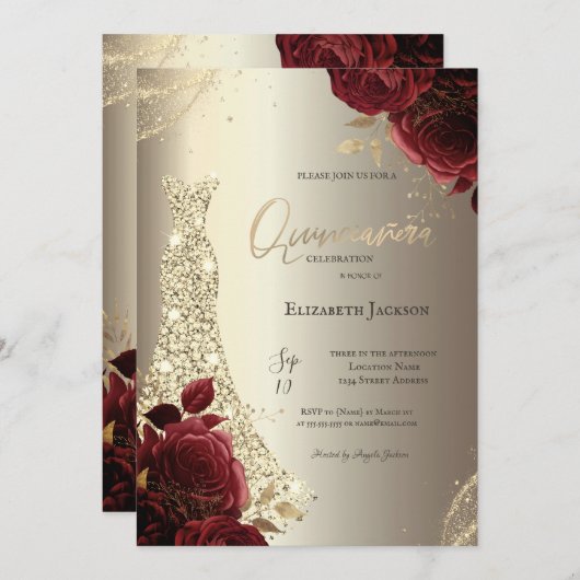 Elegant Luxury Dress Red Roses Gold Quinceañera 招待状 (正面/裏面)