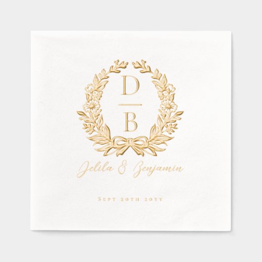 Elegant Luxury Floral Wreath Wedding Monogram 箔ナプキン (正面)
