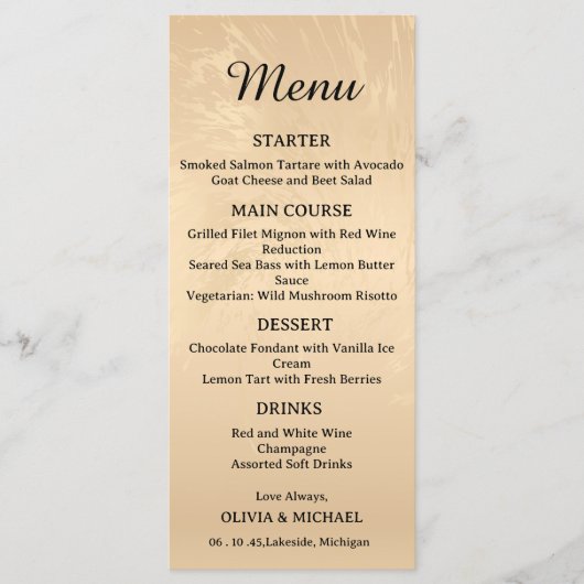 Elegant Luxury Gold Marbled Wedding Menu メニュー (正面)